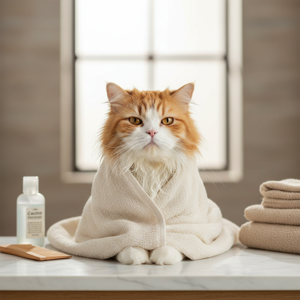 Long hair cat wrapped in a towel after a gentle bath in a home bathroom