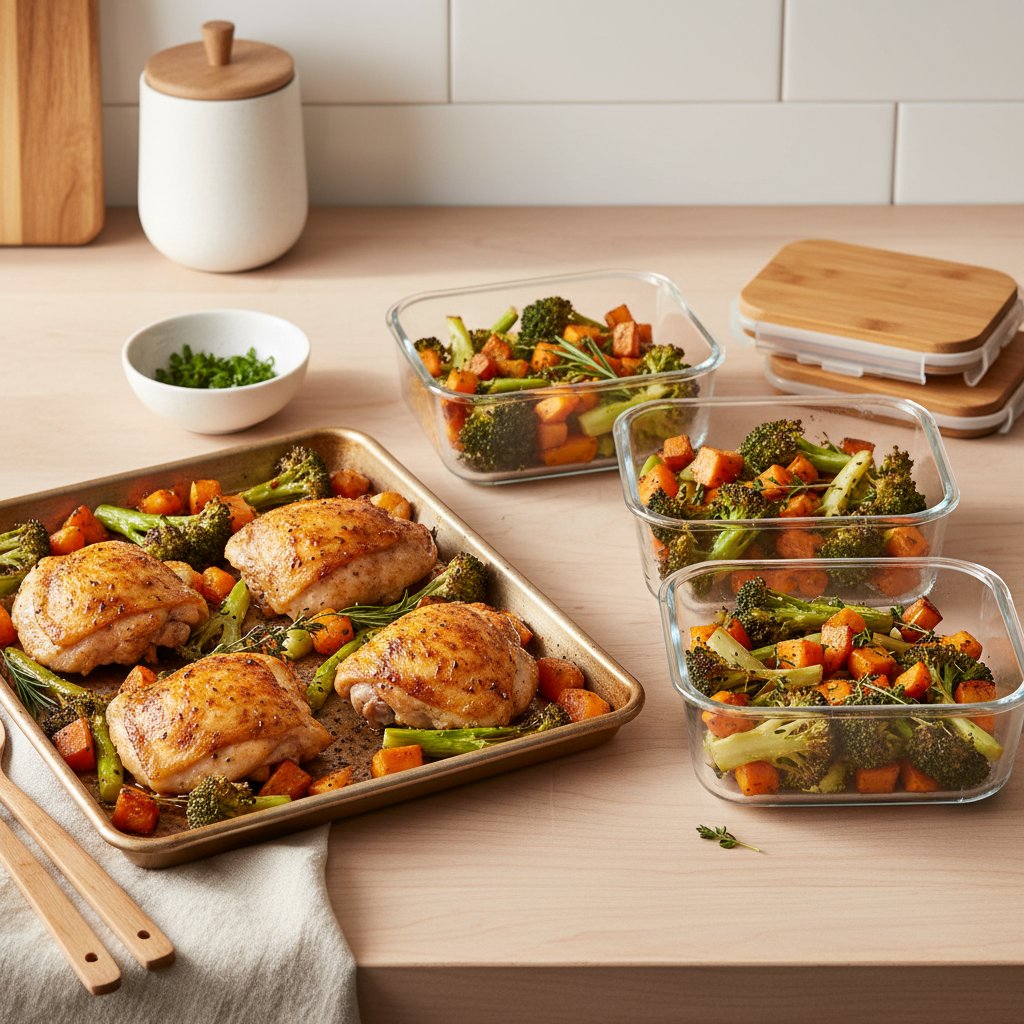 Sheet pan meal prep with roasted vegetables and proteins for quick weeknight dinners