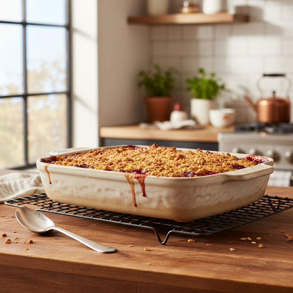 Freshly baked fruit crisp cooling on a rack in a home kitchen