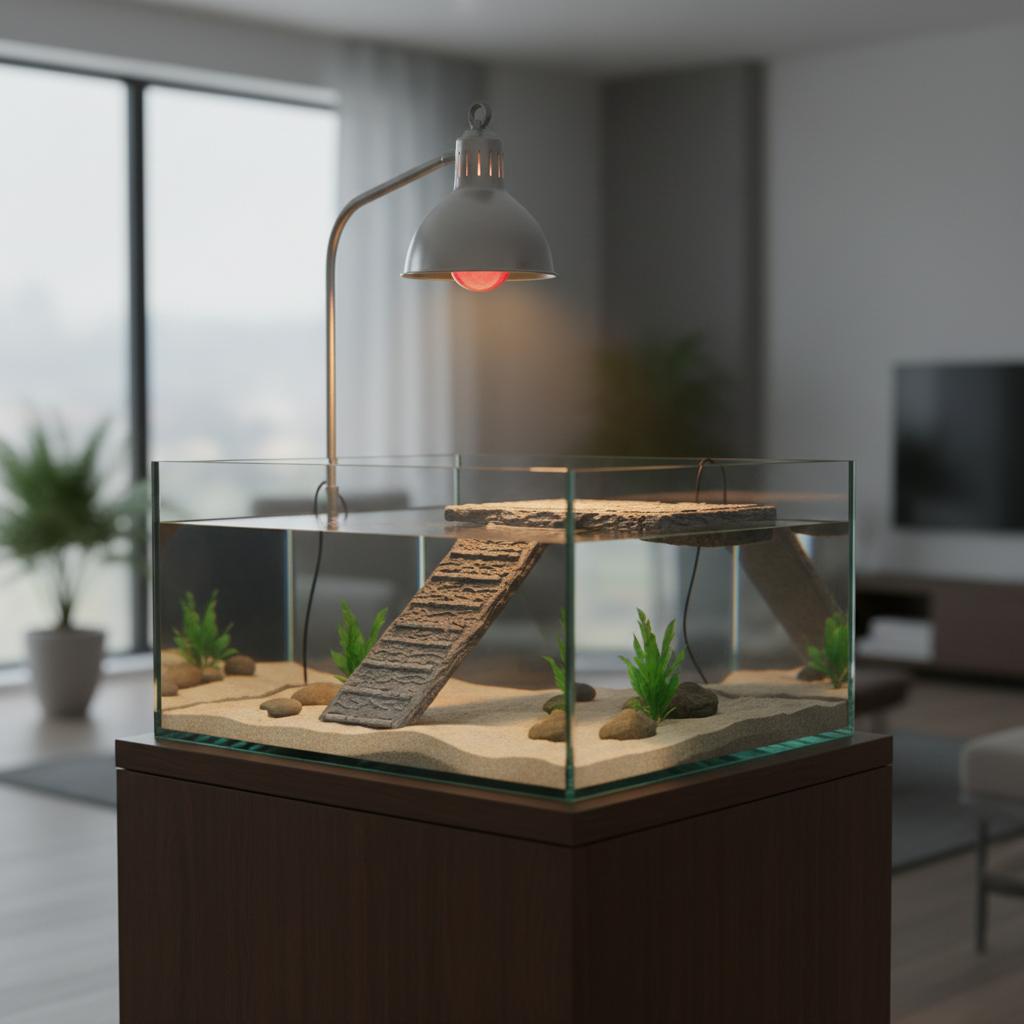 Floating turtle dock set up in a glass aquarium with a stable ramp and basking area