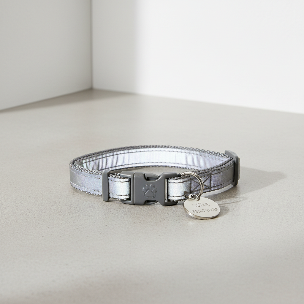 Minimal cat ID tag setup on breakaway collar with reflective nylon