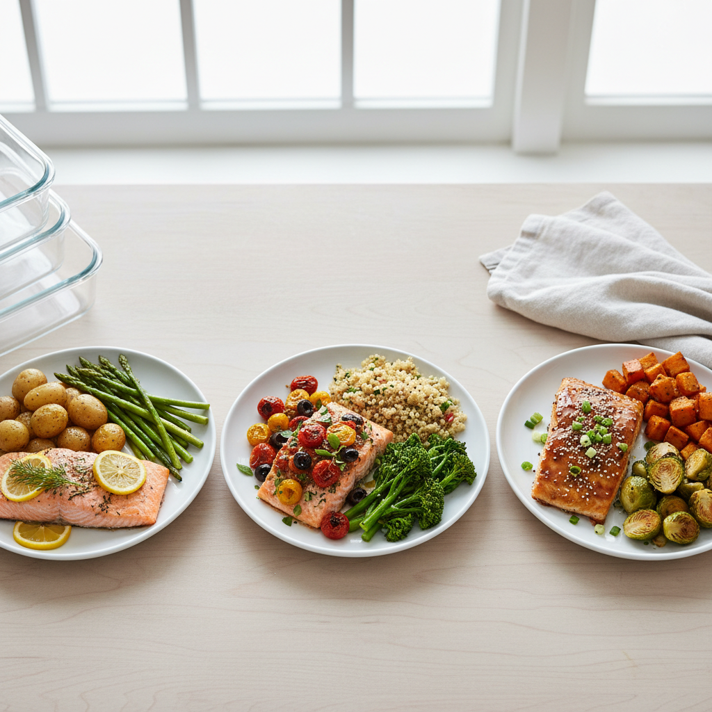 Three baked salmon flavor variations on plates for meal prep