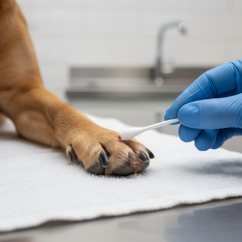 Applying styptic powder to a dog nail after accidental quick cut