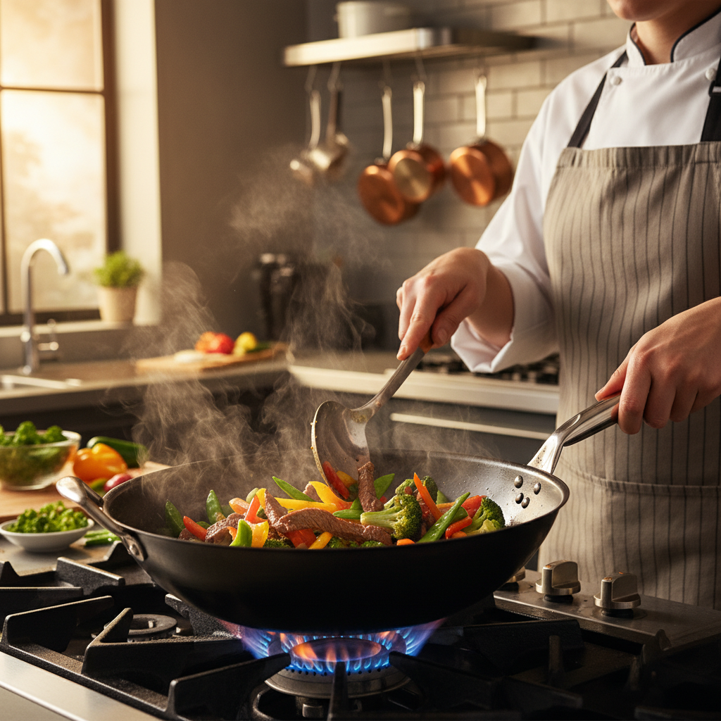 Stir-fry technique on high heat with vegetables and wok hei in a home kitchen