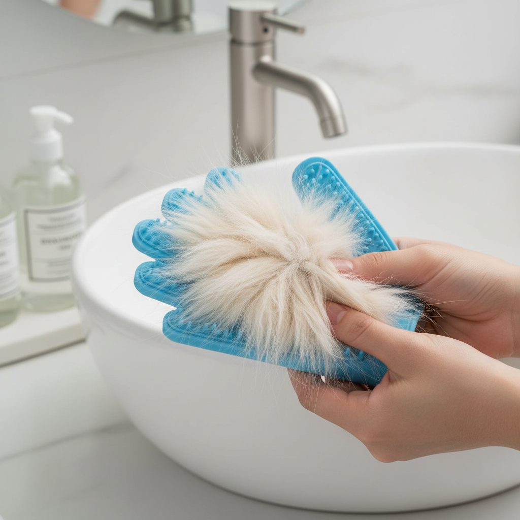 Removing collected cat fur from a silicone grooming glove for cleaning