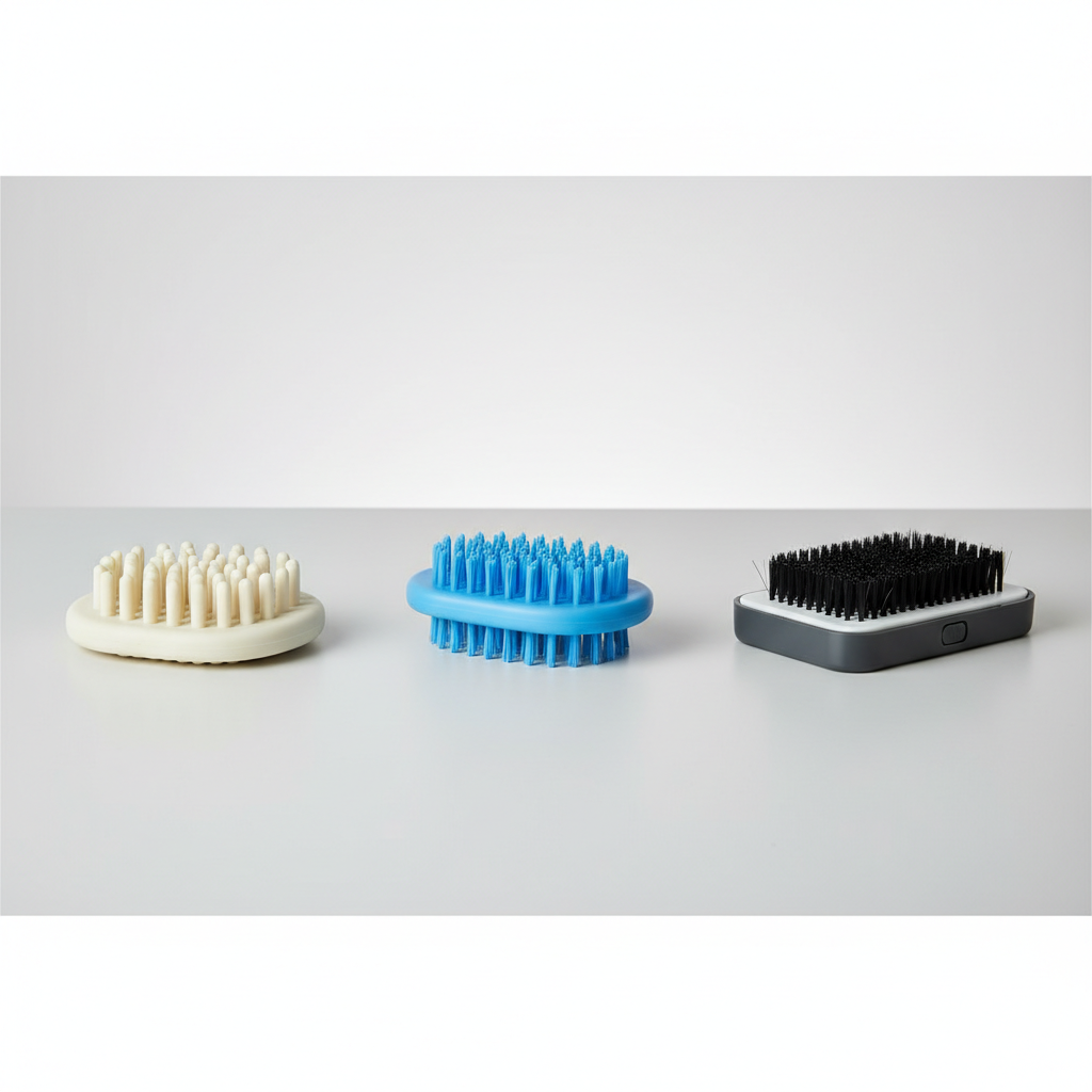 Different bristle types for cat wall grooming brushes shown on a table