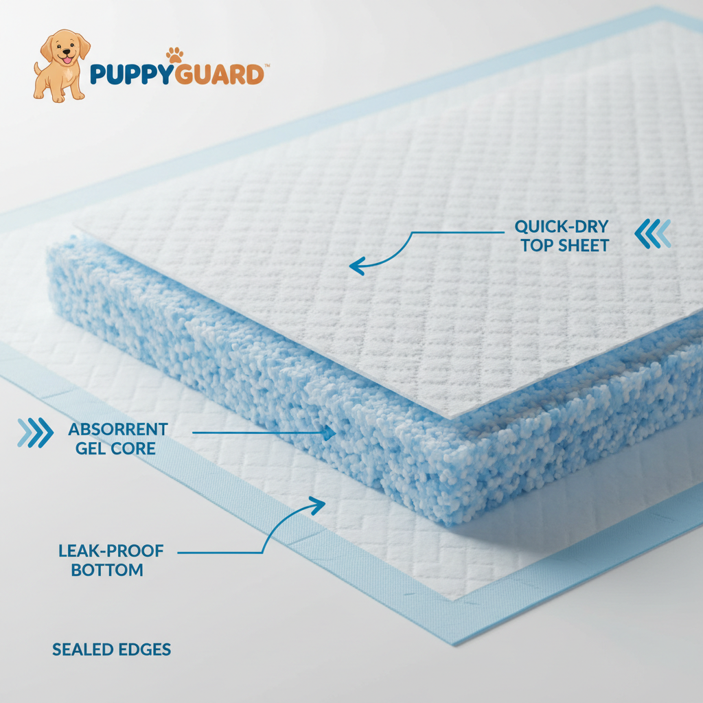 Close-up of puppy pad layers showing absorbent core and leak-proof edges