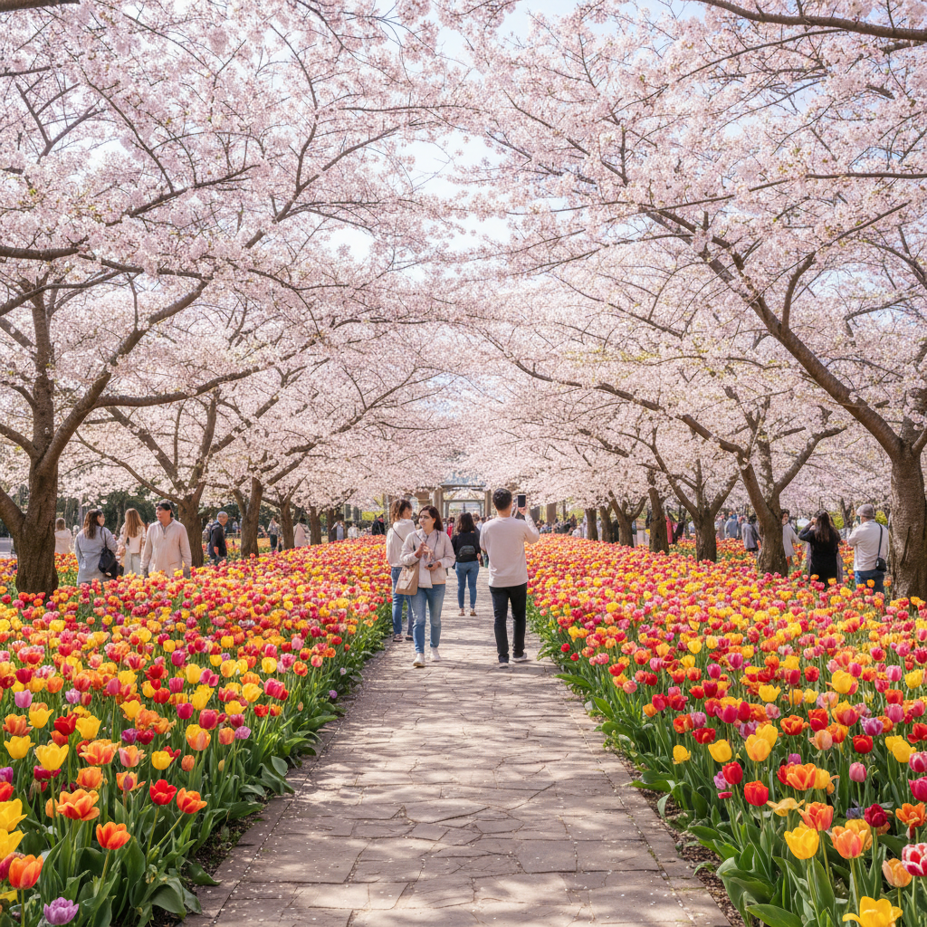 Spring flower festival walkway with colorful blooms and visitors