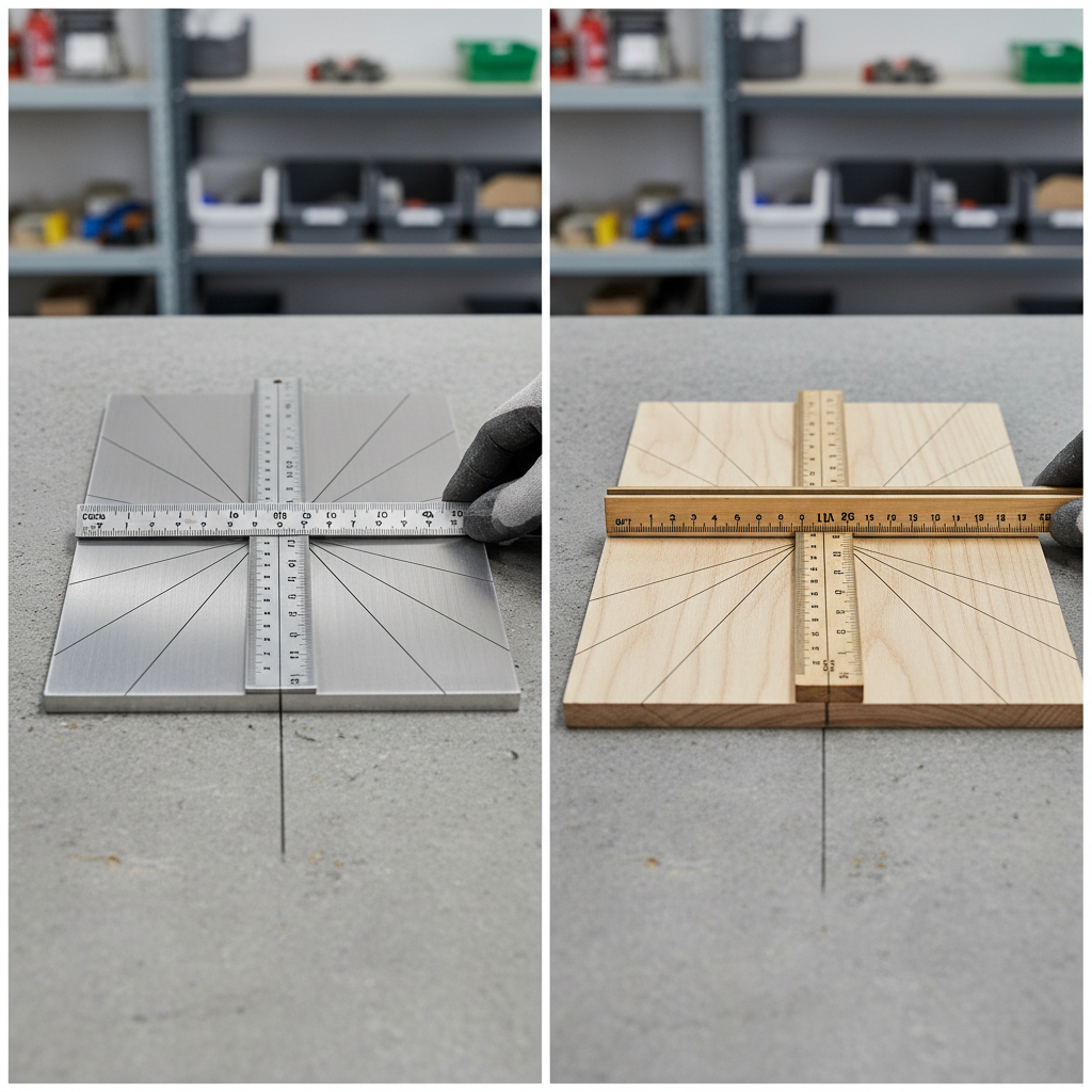 Symmetrical layout examples using a center rule measuring tool on metal and wood parts