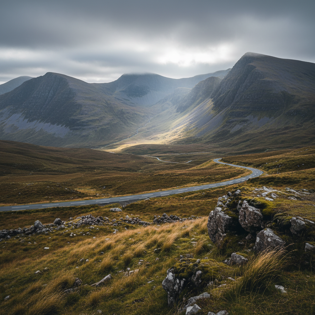 Scenic highland viewpoint with winding road and dramatic mountains