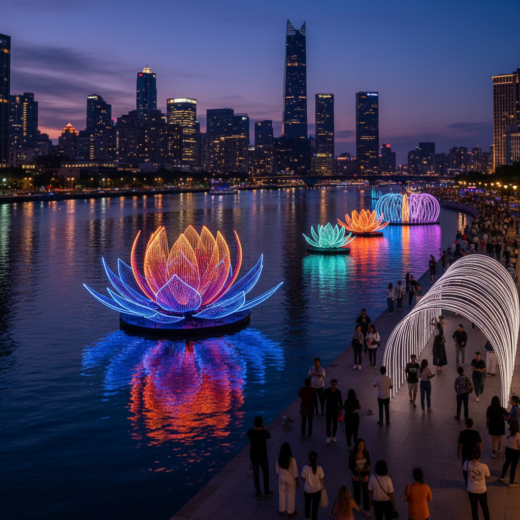 Night city skyline with outdoor light festival installations and crowds