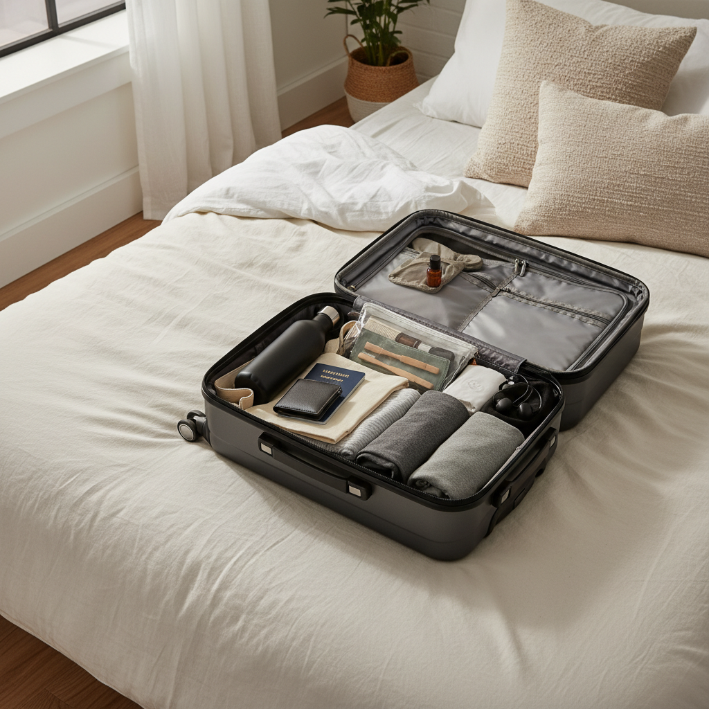 Sustainable traveler packing reusable items for an eco friendly trip