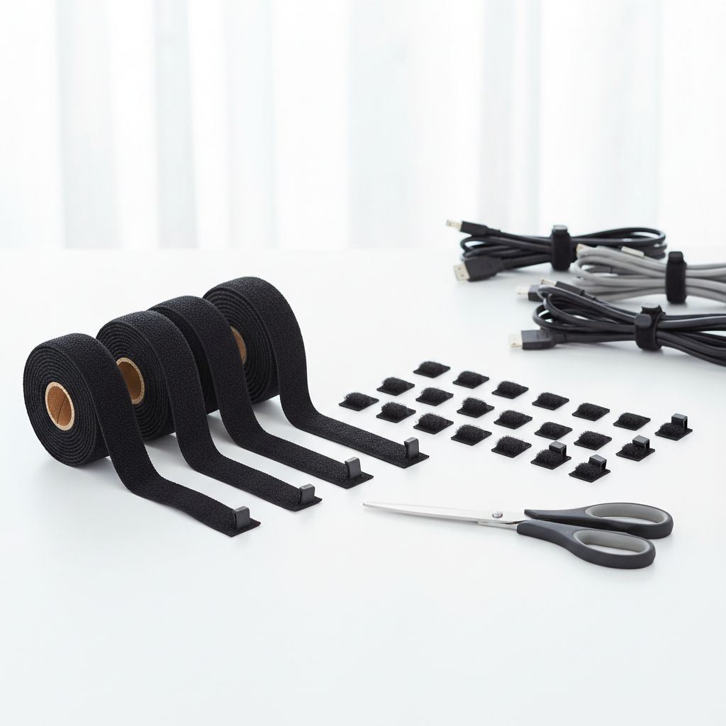 Different widths of hook and loop cable tie roll cut into straps