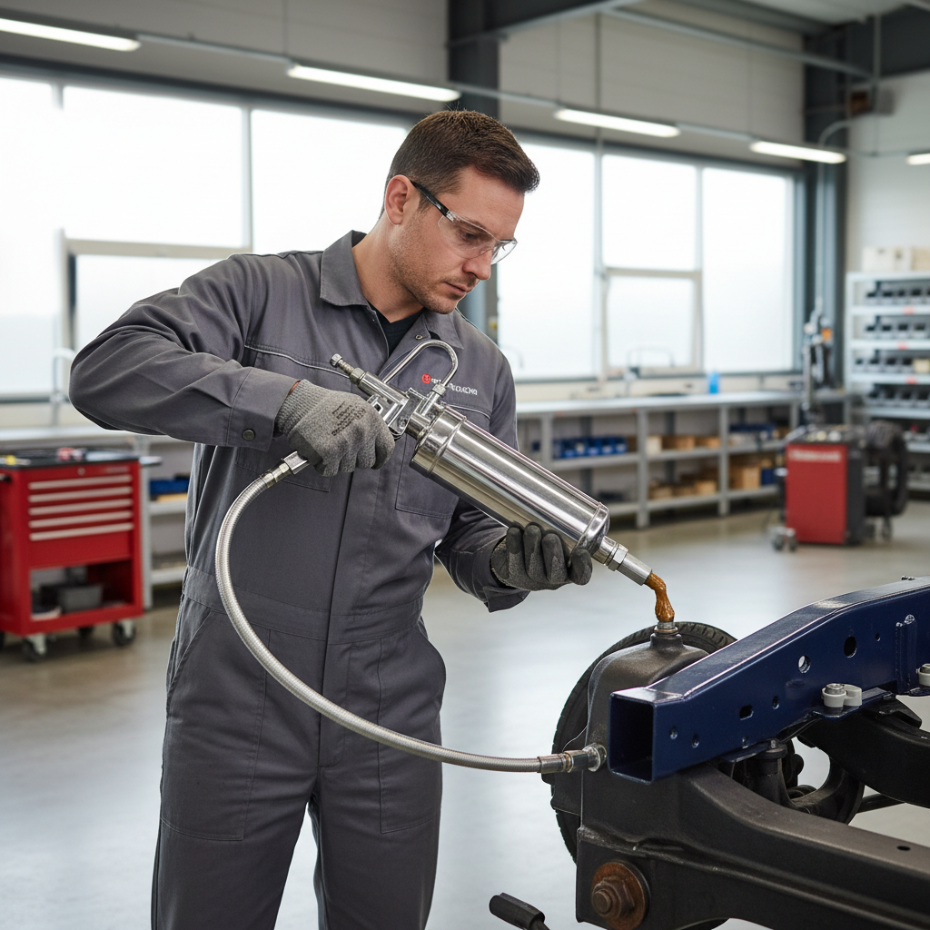Technician using a manual lever grease gun on a vehicle grease fitting