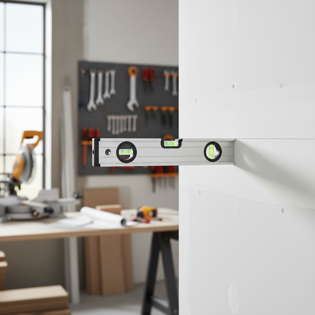 Long aluminum spirit level checking a straight line on a wall