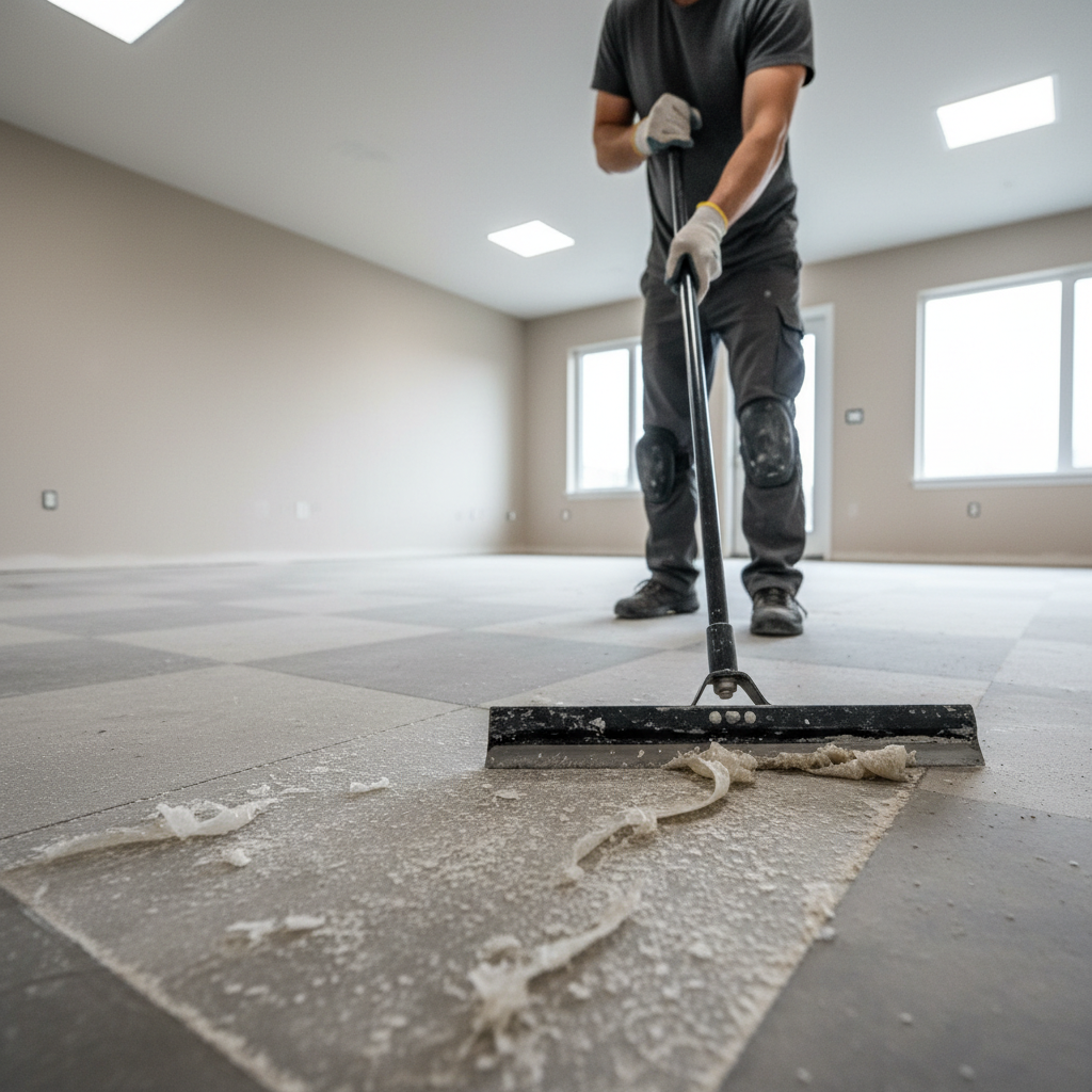 Floor scraper tool removing adhesive from concrete subfloor