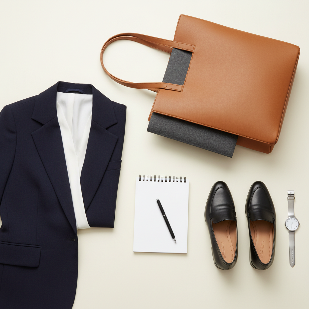 Flat lay of women professional interview essentials blazer blouse shoes notebook