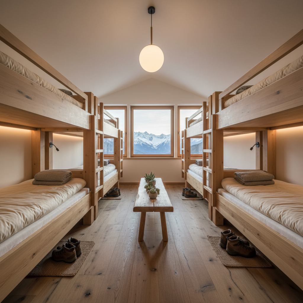 Inside a mountain hut dorm room with bunks and sleeping liners
