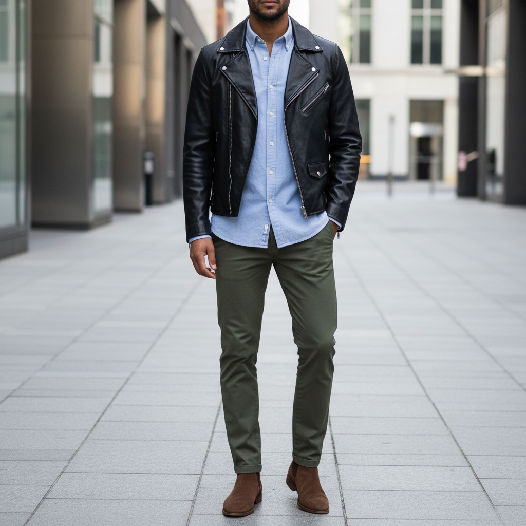 Smart casual leather jacket outfit with oxford shirt and chinos