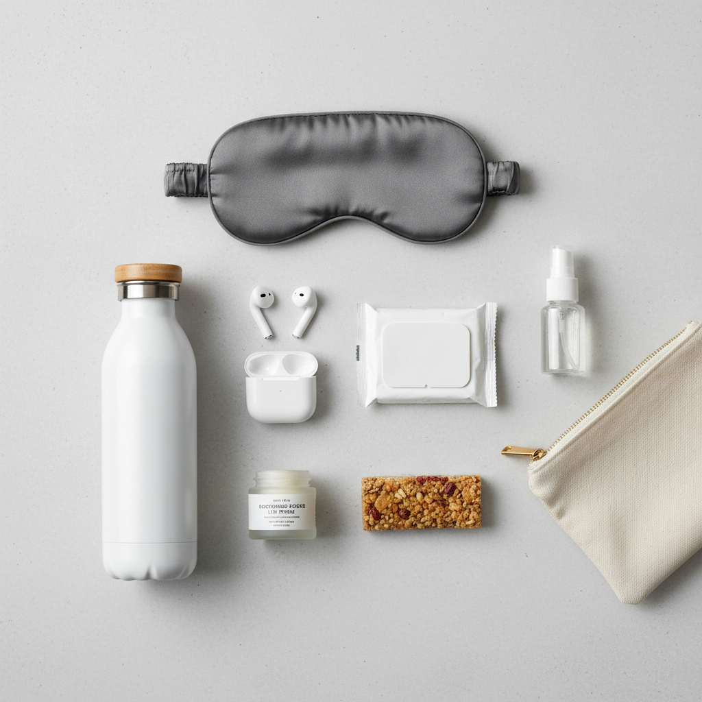 Airplane seat kit essentials laid out: earbuds, wipes, gum, water, snack