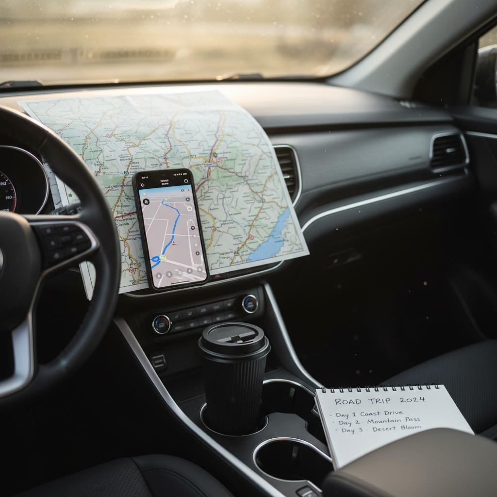 Traveler planning a road trip route with map, phone navigation, and notebook in a car