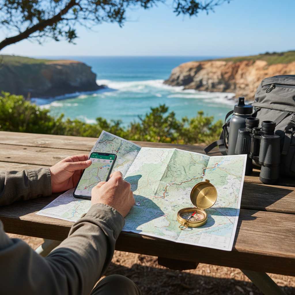 Coastal trail map planning on a phone with a paper map and compass