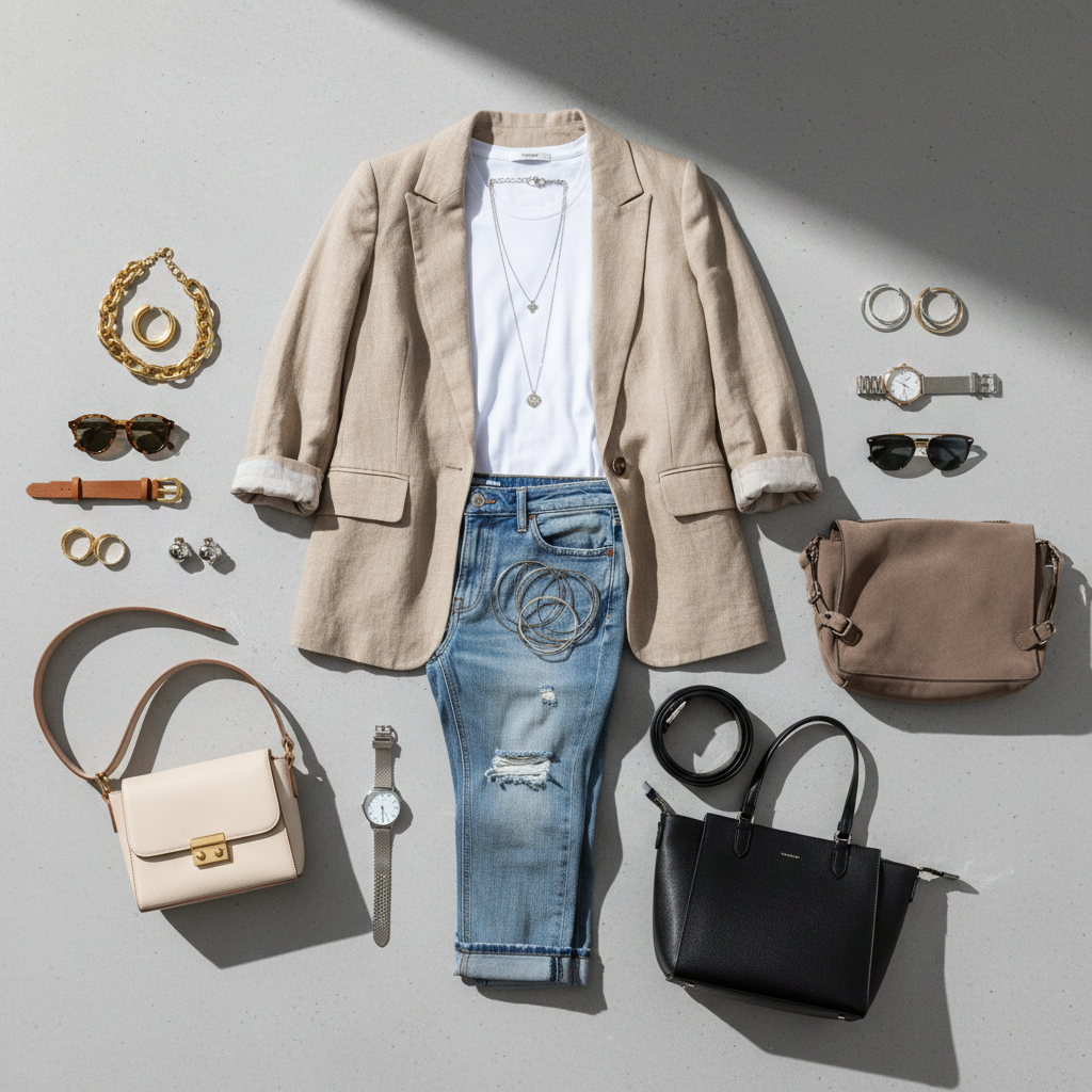 Flat lay of outfit with accessories showing simple styling combinations