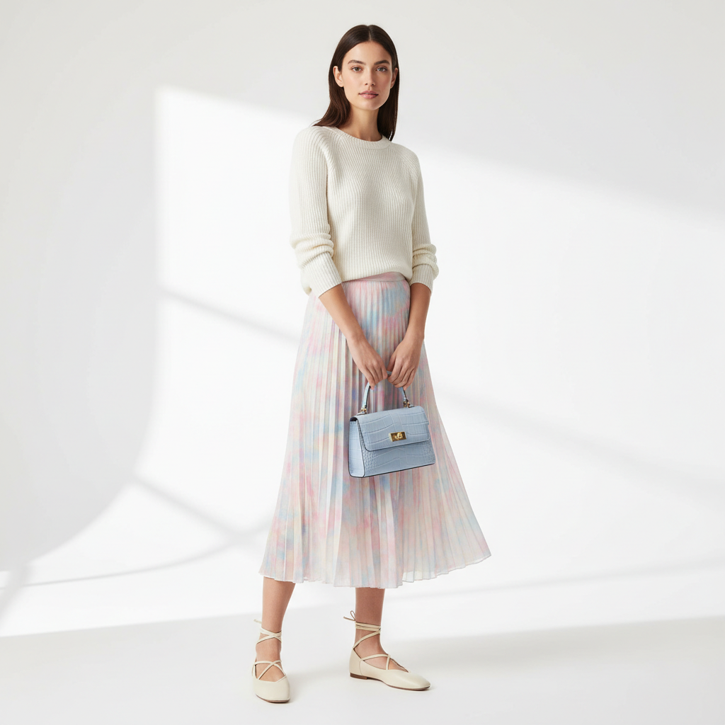 Ballet flats outfit idea with midi skirt and light sweater
