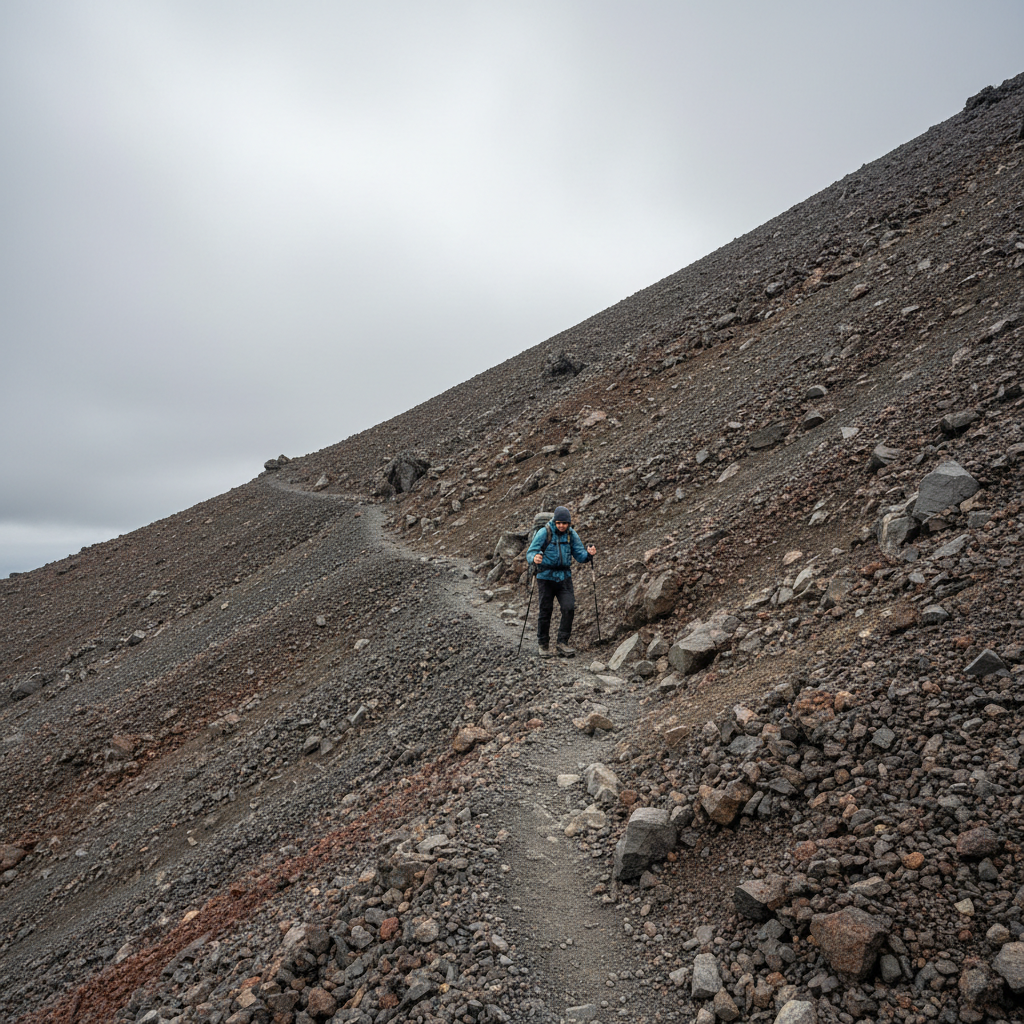 Volcanic scree slope showing loose rock and steep hiking conditions