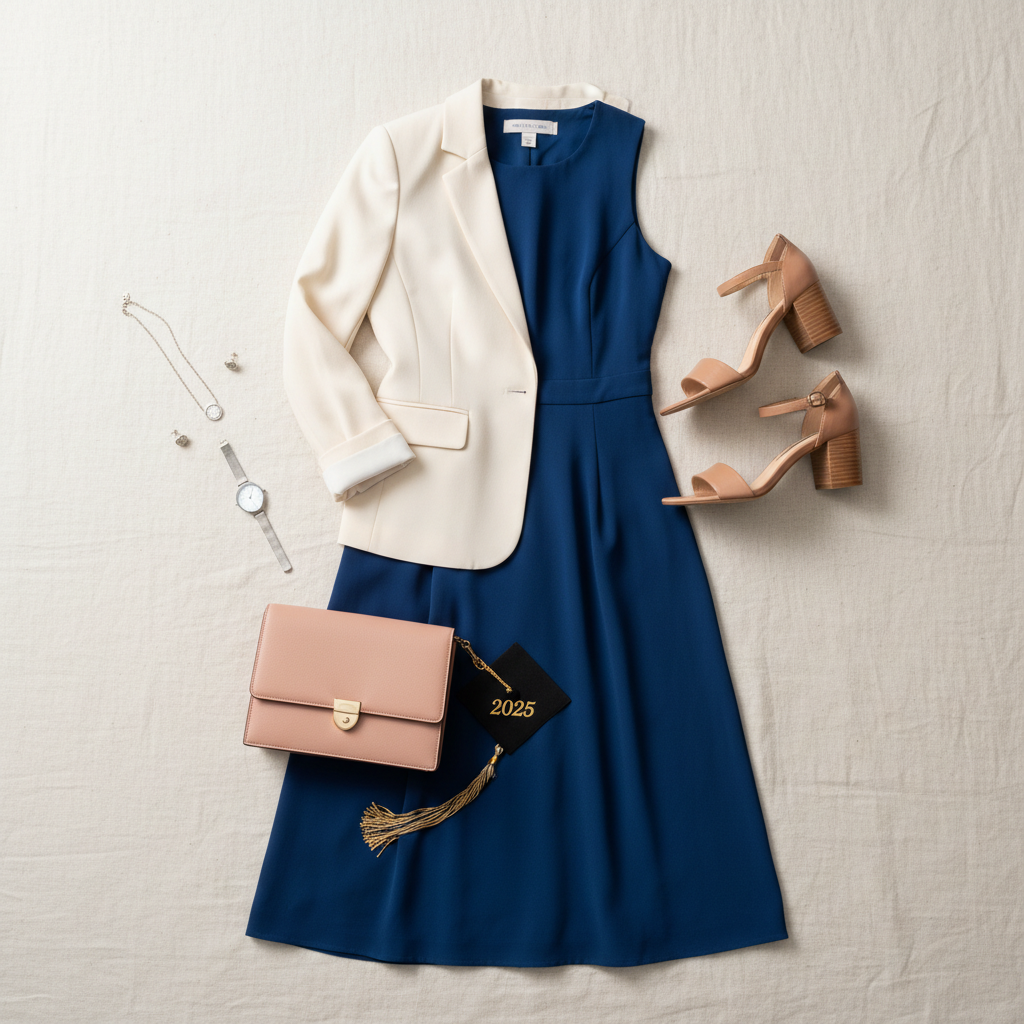 Flat lay of a women semi formal graduation outfit with midi dress, blazer, and heels