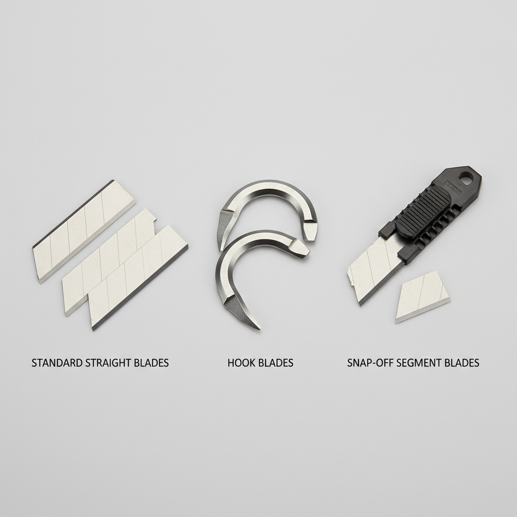 Different utility knife blade types including straight and hook blades