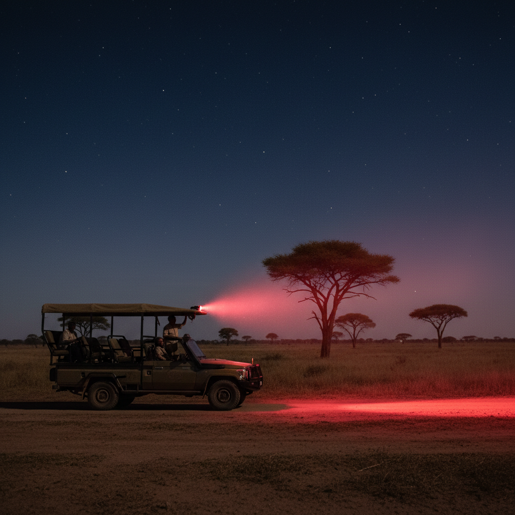 Night safari vehicle spotlight scanning for nocturnal animals
