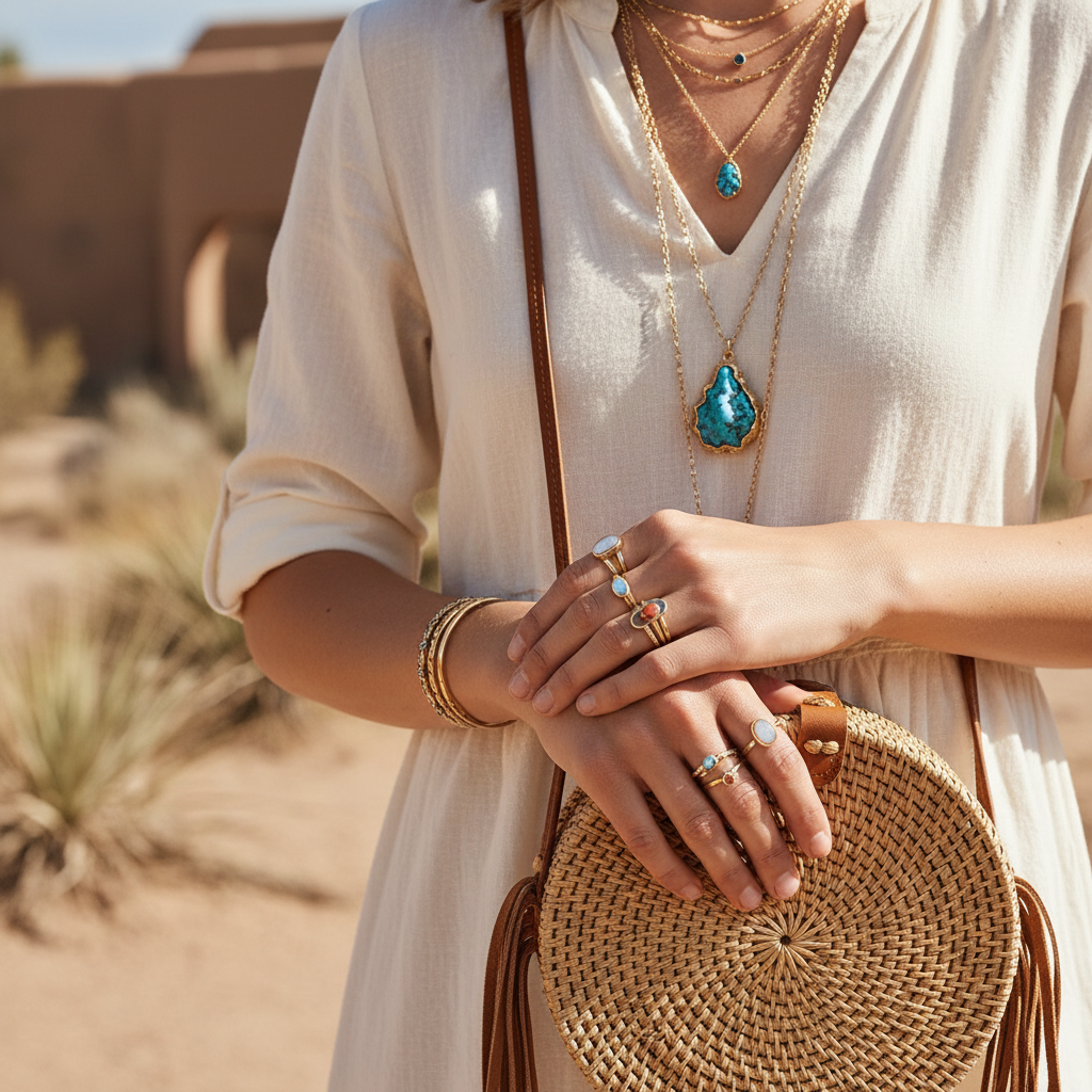 Boho accessories close-up: layered necklaces, rings, and a woven bag