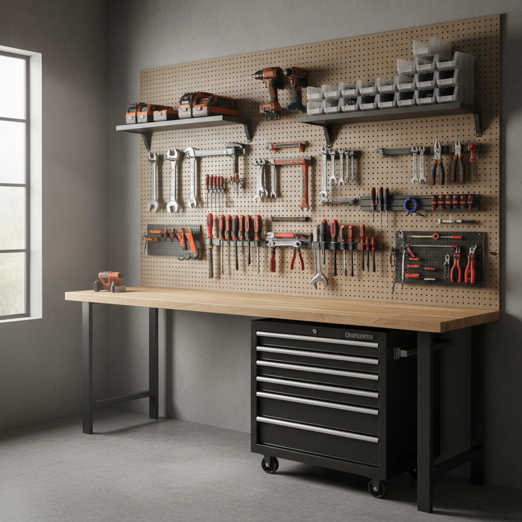 Wall mounted tool holder organizing a garage workbench with hand tools