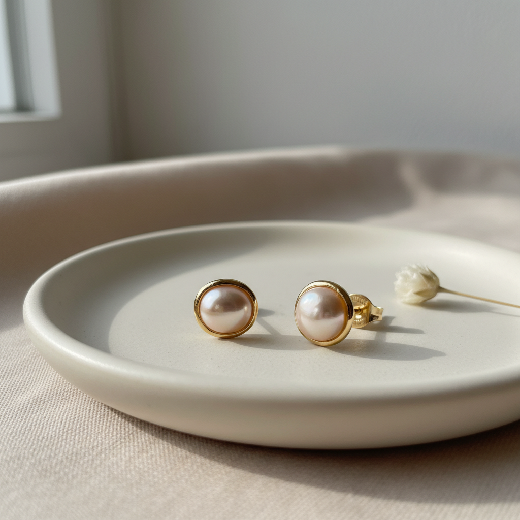 Dainty freshwater pearl earrings on a minimal jewelry tray