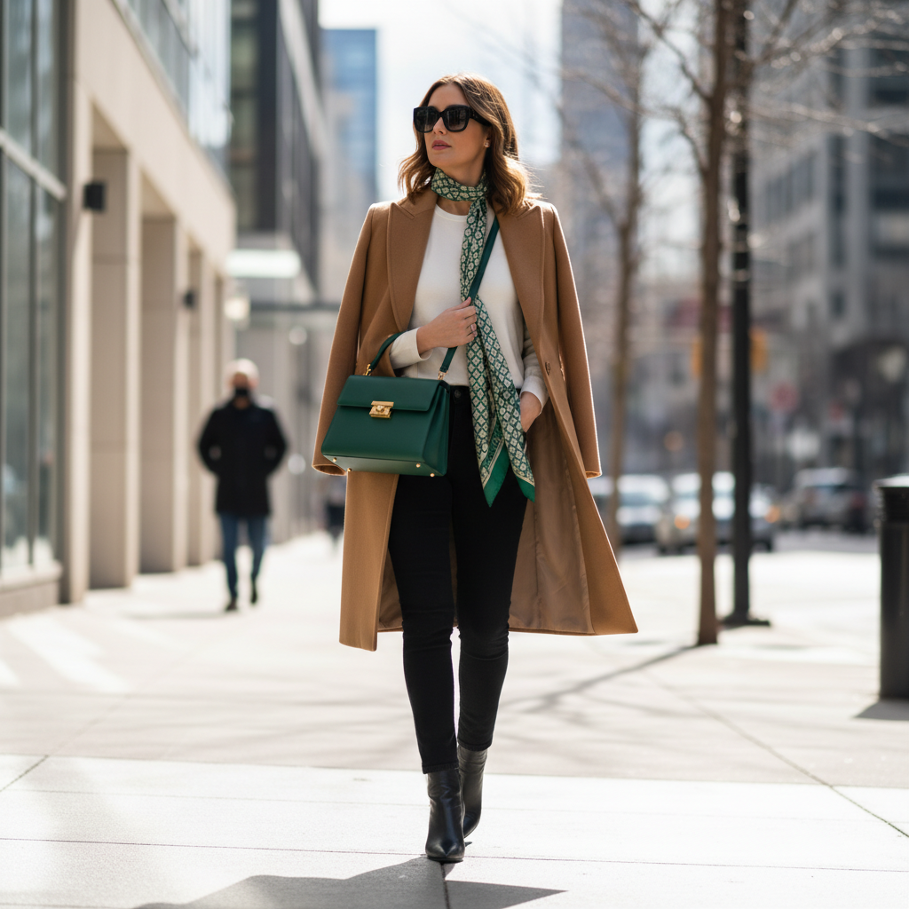 Outfit color pairing guide using bag and shoes to repeat accent color