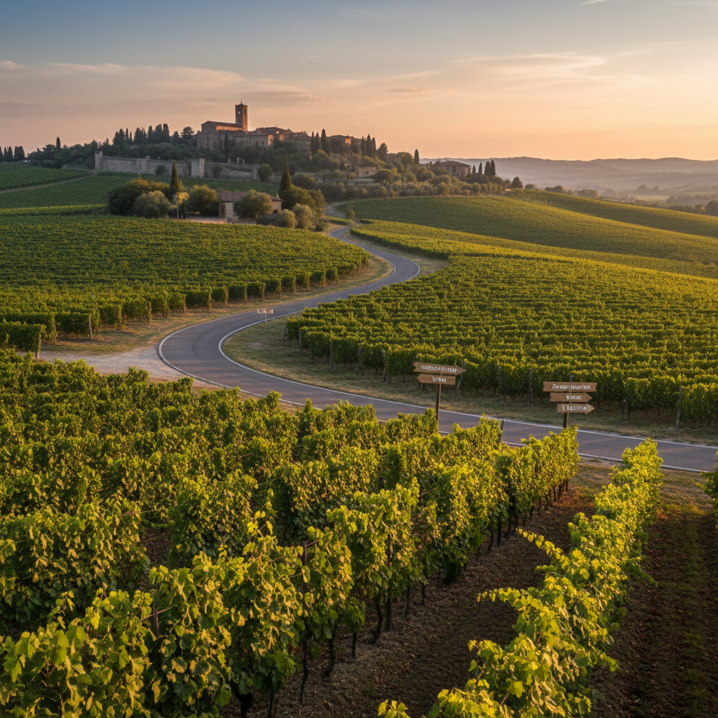 Scenic European vineyard road with tasting stops and a small village in the distance