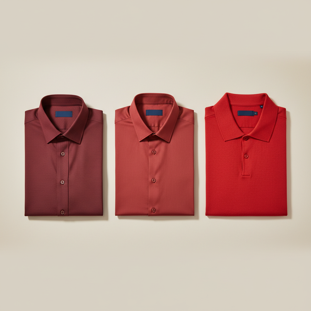 Flat lay of red shirts in burgundy, brick, and true red with fabric texture close-ups