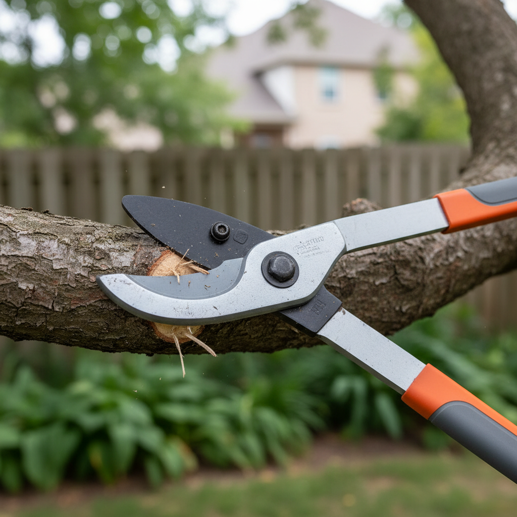 Heavy-duty loppers cutting a thick tree branch cleanly