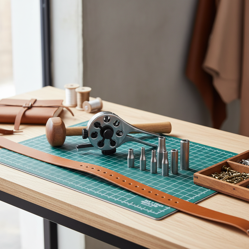 Leather hole punch set and leatherworking tools on a craft bench