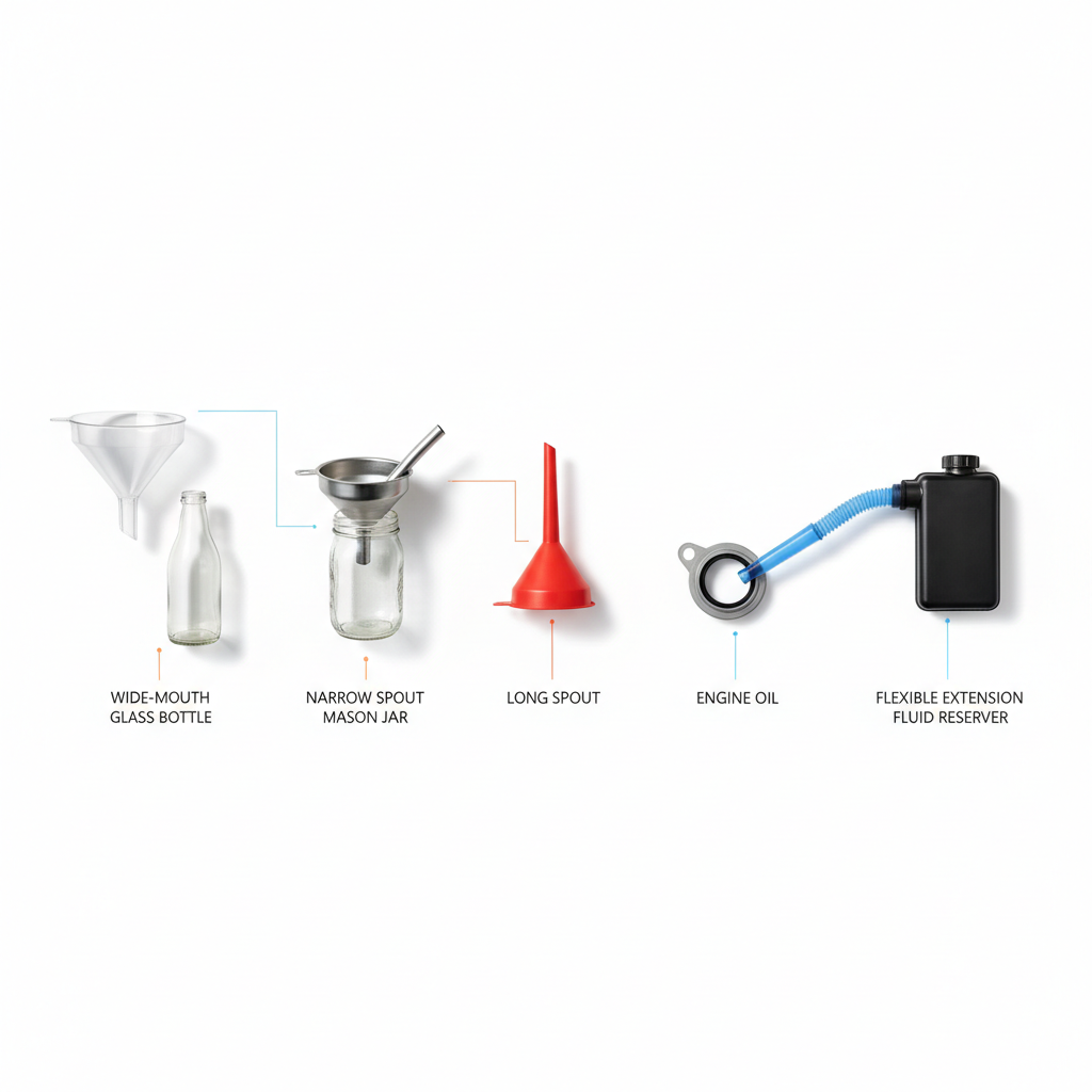 Different funnel sizes and spout shapes for bottles and automotive fill ports