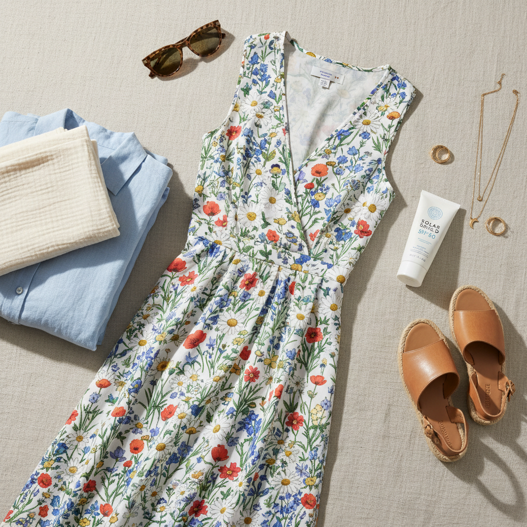 Breathable floral dress summer fabric close-up and accessories flat lay