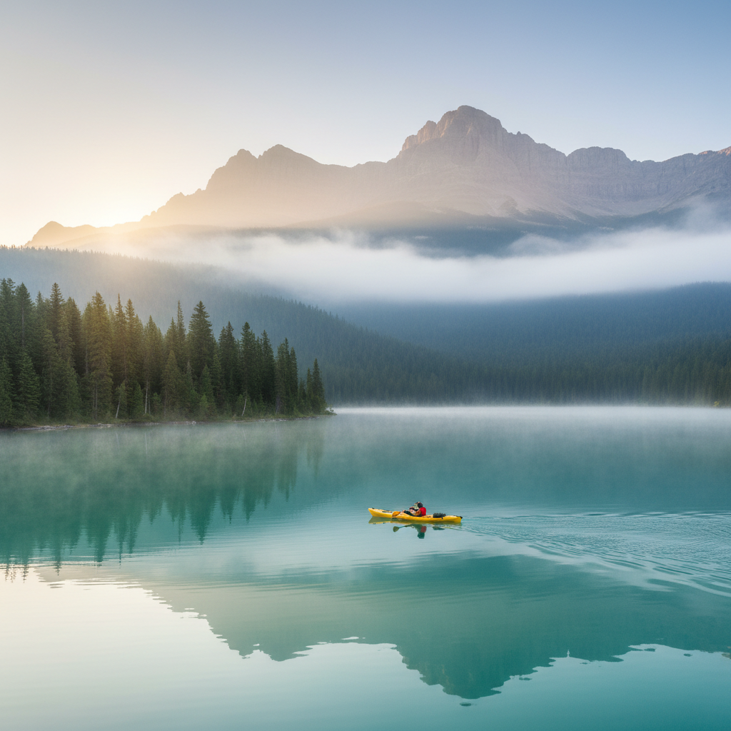 Scenic mountain lake with kayak and forested shoreline for summer cool air travel