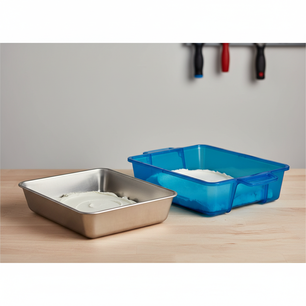 Comparison of stainless steel versus plastic mud pans for drywall compound