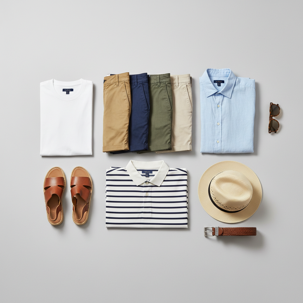 Flat lay of chino shorts in khaki, navy, olive, and stone with summer tops