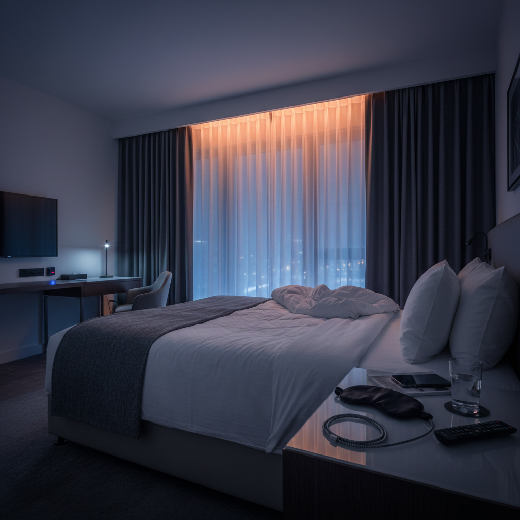Hotel room with light leaks from curtains and small LED lights, eye mask on bedside table