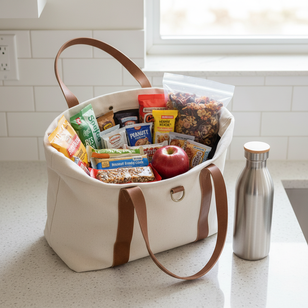 Budget-friendly snacks and a refillable water bottle packed for airport travel