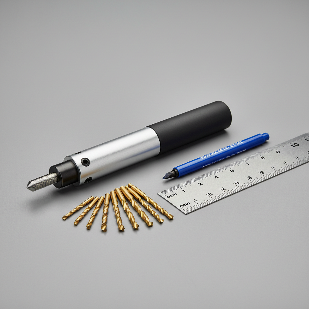 Automatic center punch tool on a workbench next to drill bits and a metal ruler