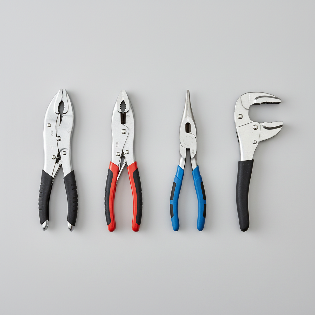 Different locking pliers jaw types: curved, straight, long-nose, and C-clamp