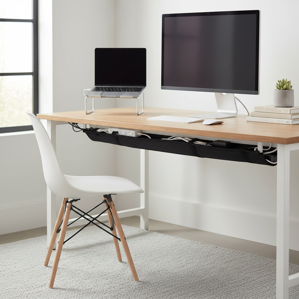 Neoprene cable management sleeve organizing cords under an office desk